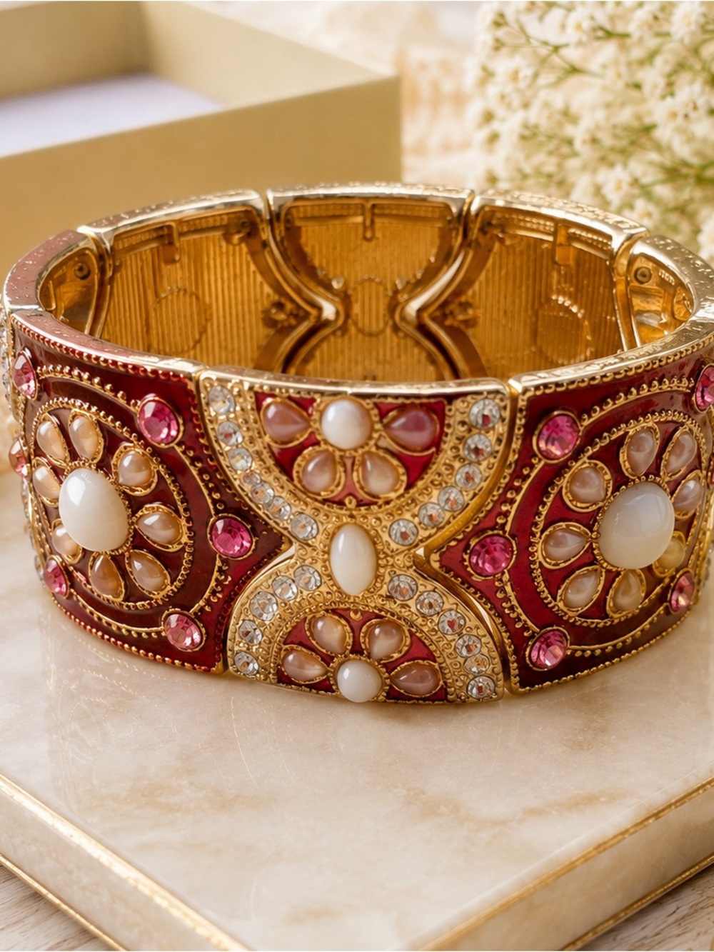 Wide Gold Toned Victorian Revival Stretch Statement Cuff